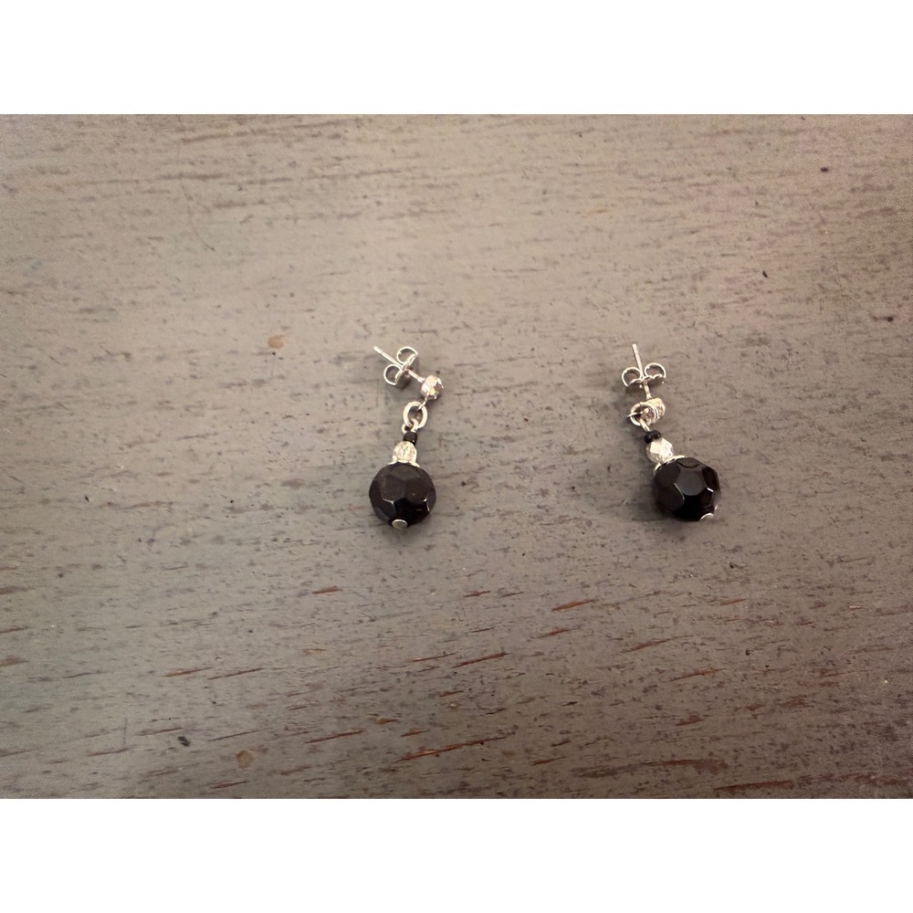 Black Faceted Bead Drop Earrings Silver Tone Post Back Dangle Jewelry 1 Inch